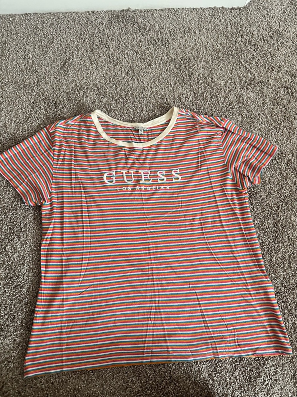 GUESS Striped Logo Tee in Coral, Blue & White